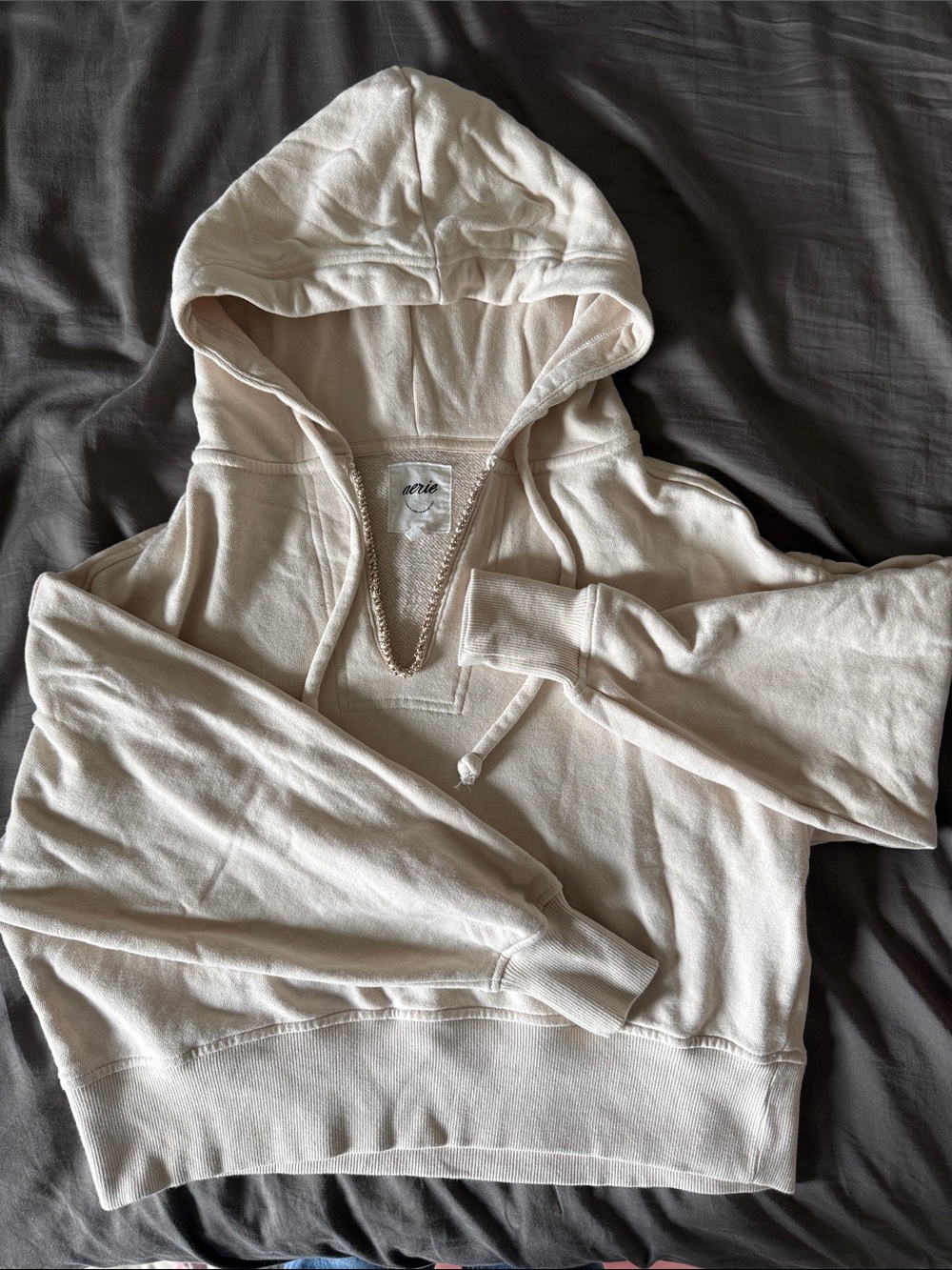 aerie Cream Hooded V‑Neck Pullover Sweatshirt